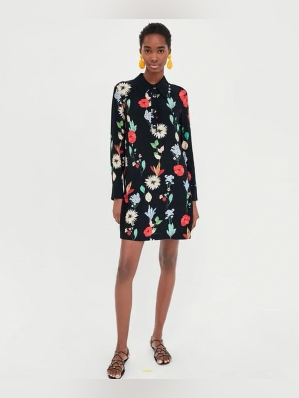 Zara Woman Premium Collection Floral Shirt Dress Mini Black Botanical Print Sz S